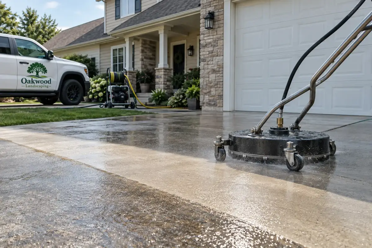 A round pressure-washing surface cleaner sprays water across a wet concrete driveway outside a house. A pressure washer and a white truck marked “Oakwood Landscaping” sit nearby.